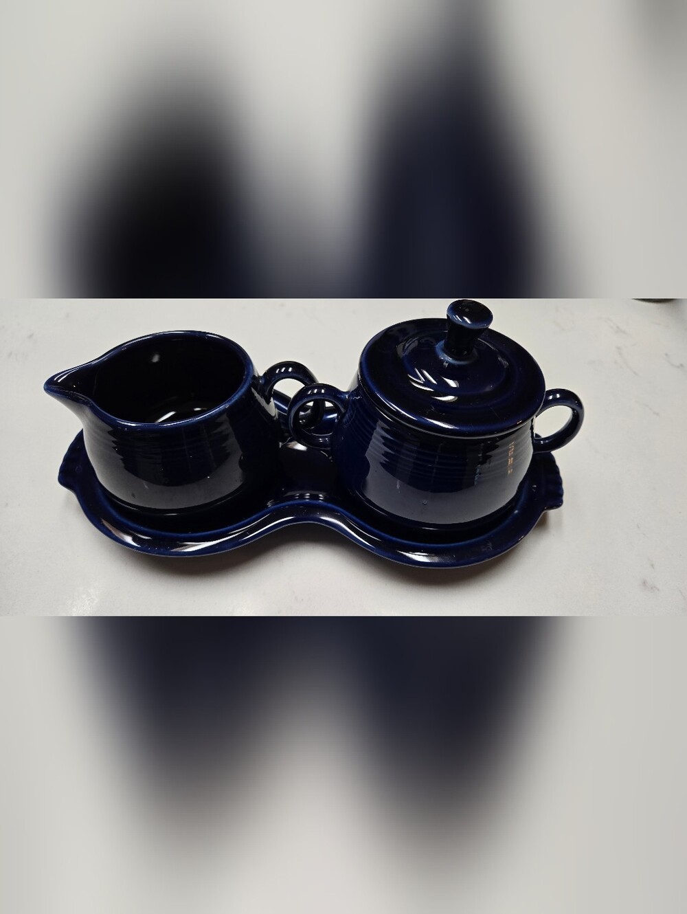 Post-1986 Fiestaware Cobalt Blue Cream & Sugar Set with Figure-8 Tray